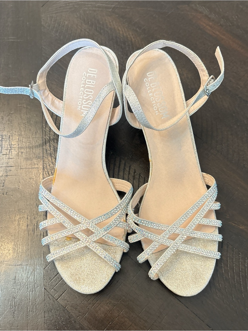 De Blossom Collection Glitter Silver Strappy Ankle‑Wrap Heels